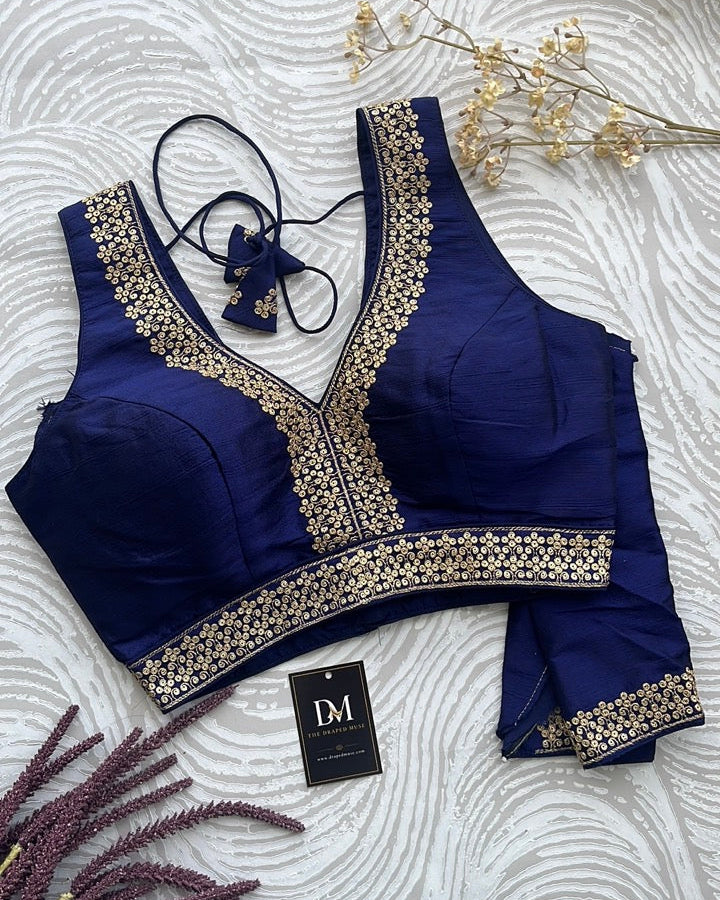 Navy Blue Silk Embroidered Blouse