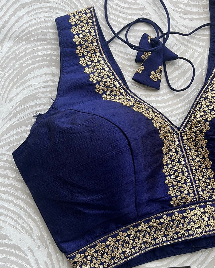 Navy Blue Silk Embroidered Blouse