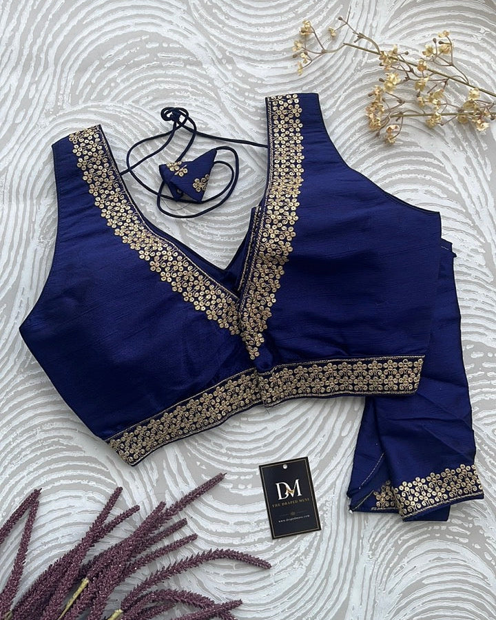 Navy Blue Silk Embroidered Blouse