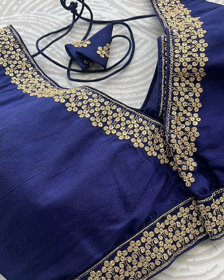 Navy Blue Silk Embroidered Blouse