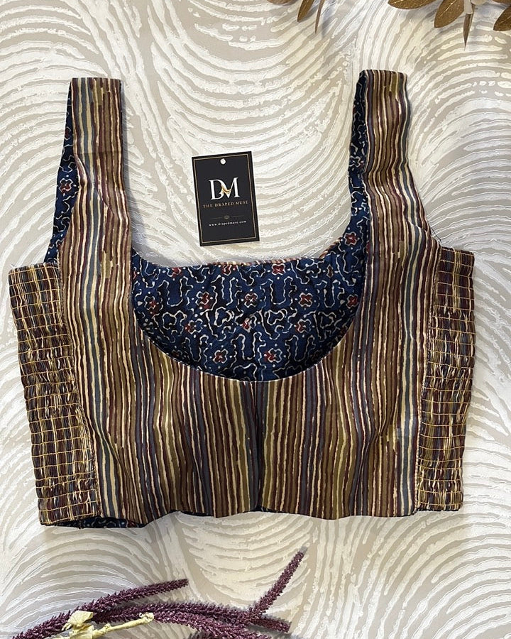 The Dual Muse Reversible Cotton Stretchable Blouse - Mustard and Indigo
