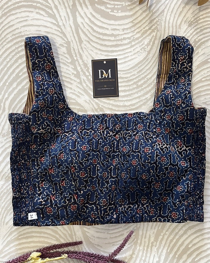 The Dual Muse Reversible Cotton Stretchable Blouse - Mustard and Indigo