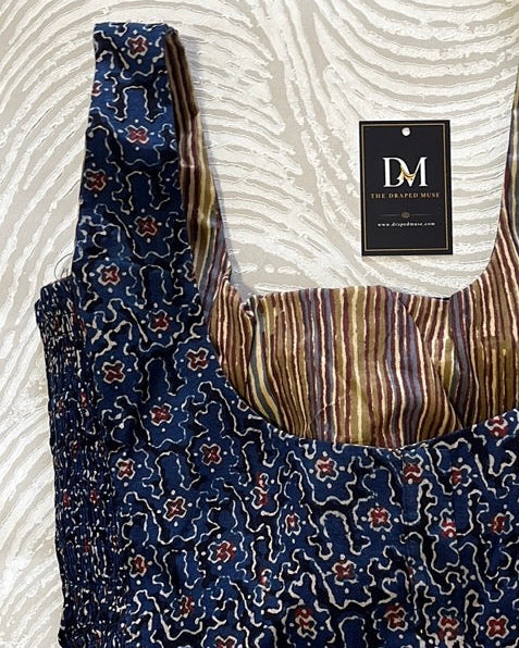 The Dual Muse Reversible Cotton Stretchable Blouse - Mustard and Indigo