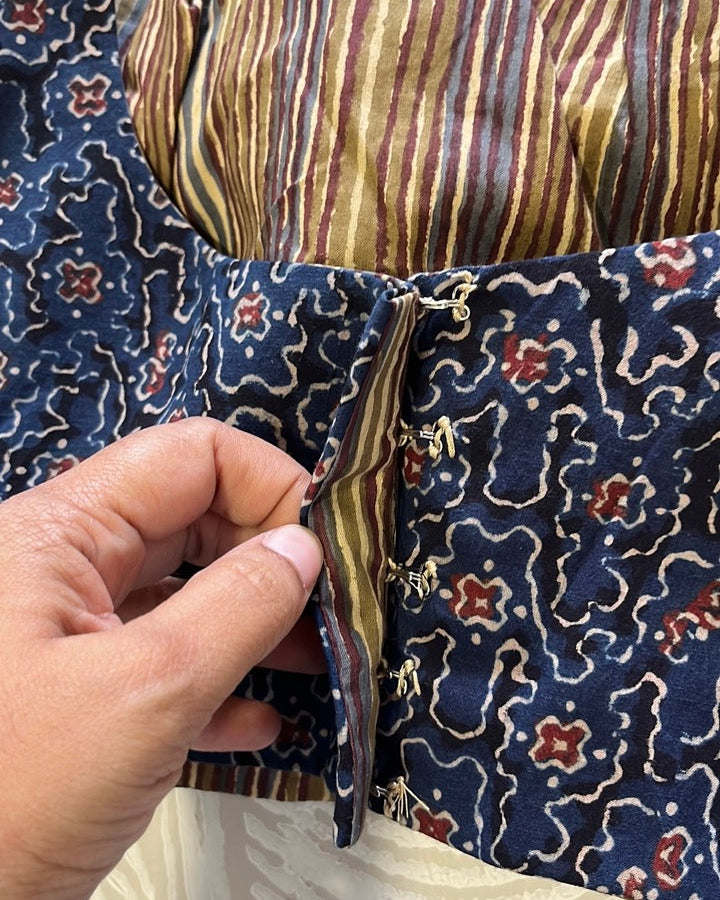 The Dual Muse Reversible Cotton Stretchable Blouse - Mustard and Indigo
