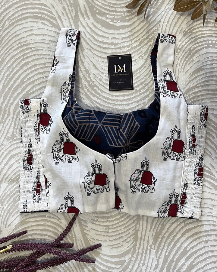The Dual Muse Reversible Cotton Stretchable Blouse - White & Indigo