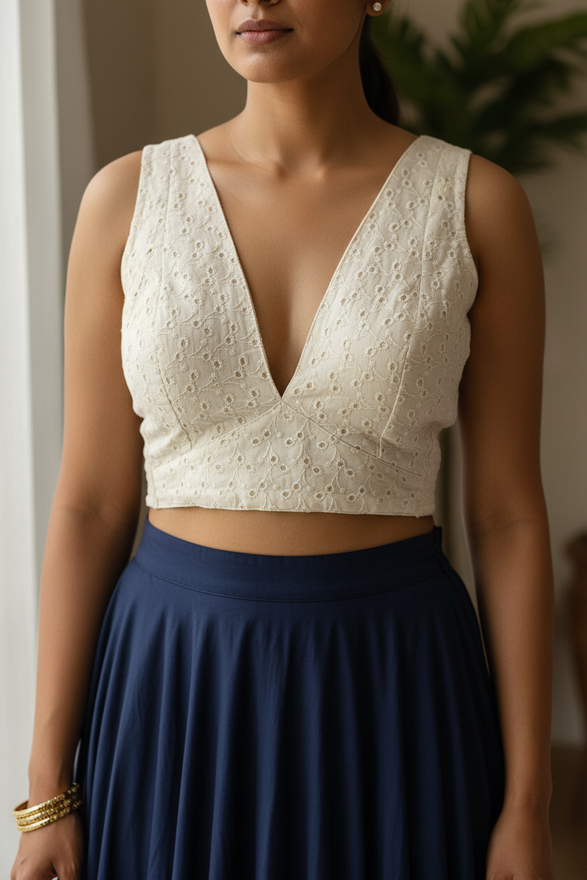 Off White Sleeveless Hakoba Cotton Stretchable Blouse