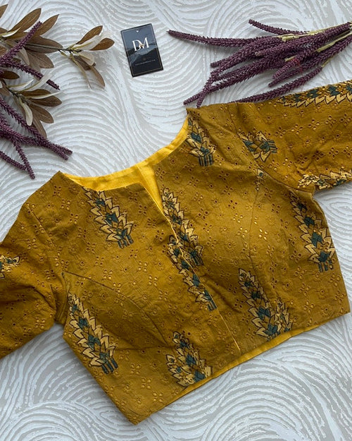 Mustard Yellow Cotton Smart Neck Office Blouse