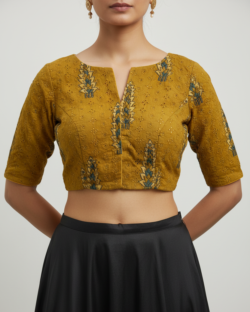 Mustard Yellow Cotton Smart Neck Office Blouse