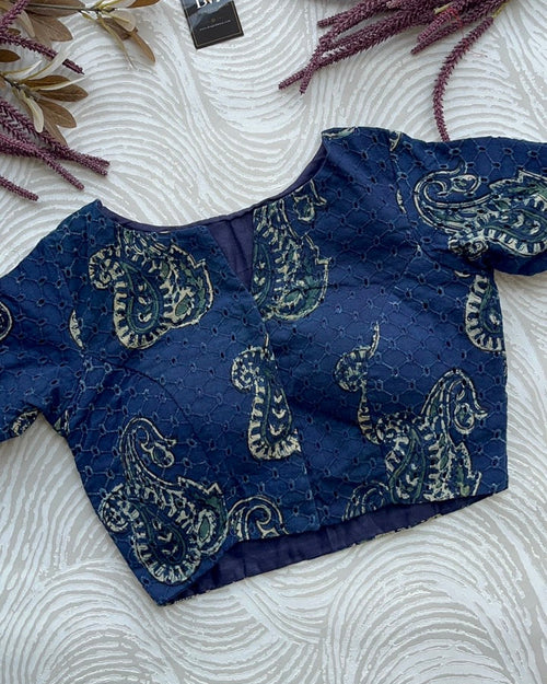 Indigo Cotton Smart Neck Office Blouse