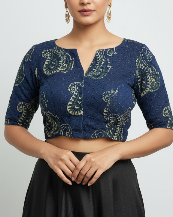 Indigo Cotton Smart Neck Office Blouse