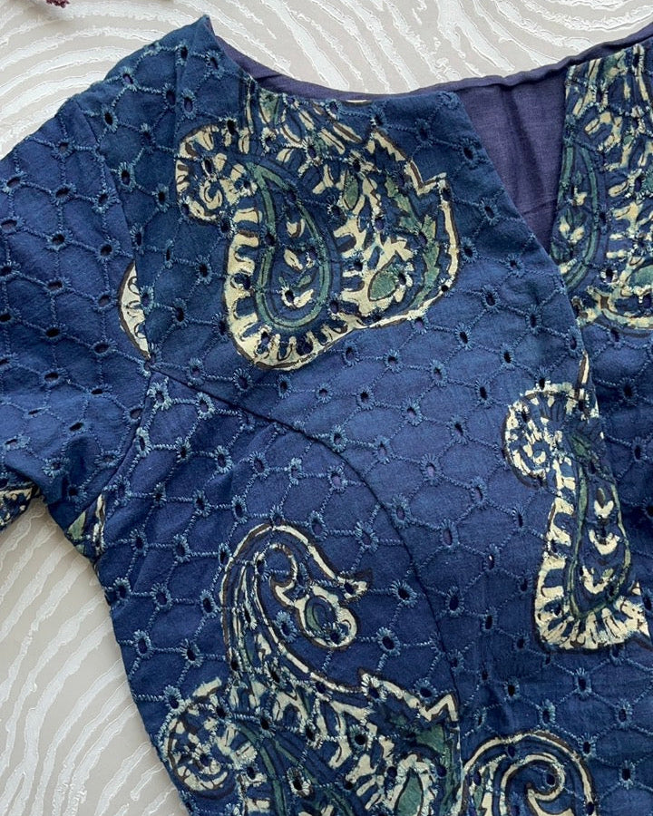 Indigo Cotton Smart Neck Office Blouse