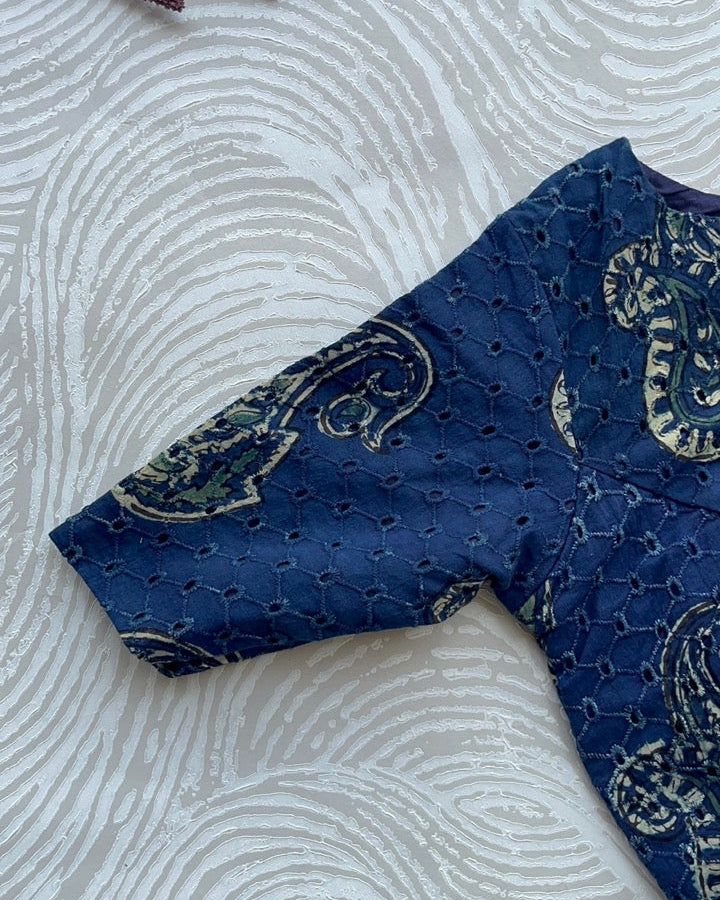 Indigo Cotton Smart Neck Office Blouse