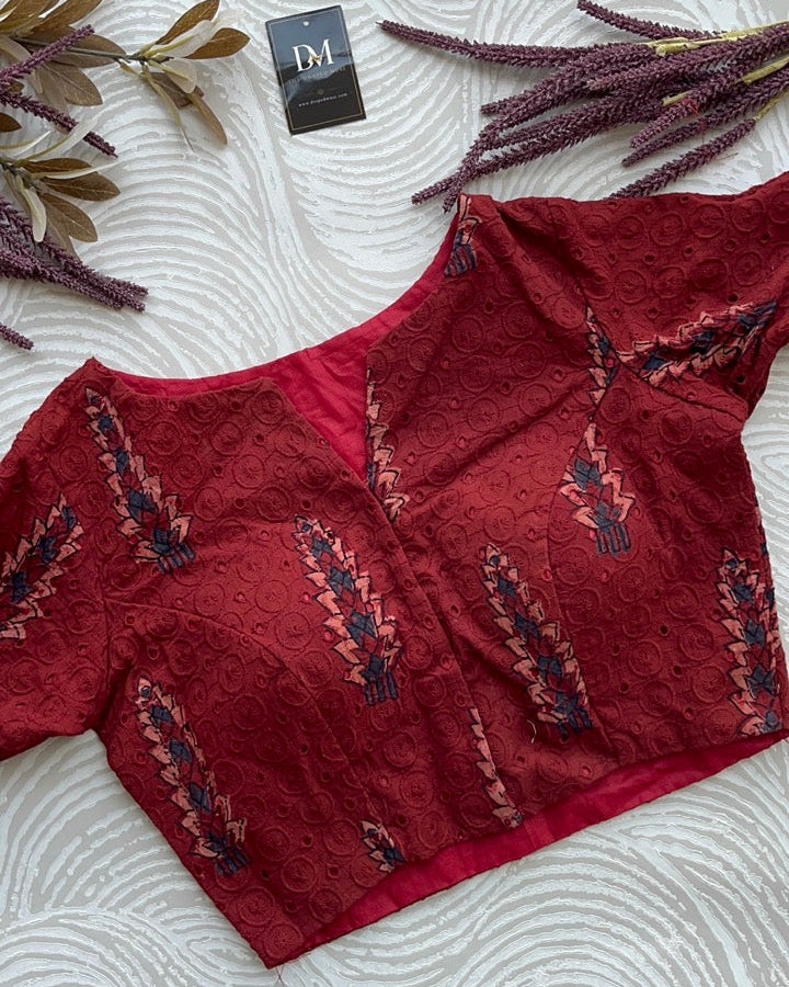 Red Cotton Smart Neck Office Blouse
