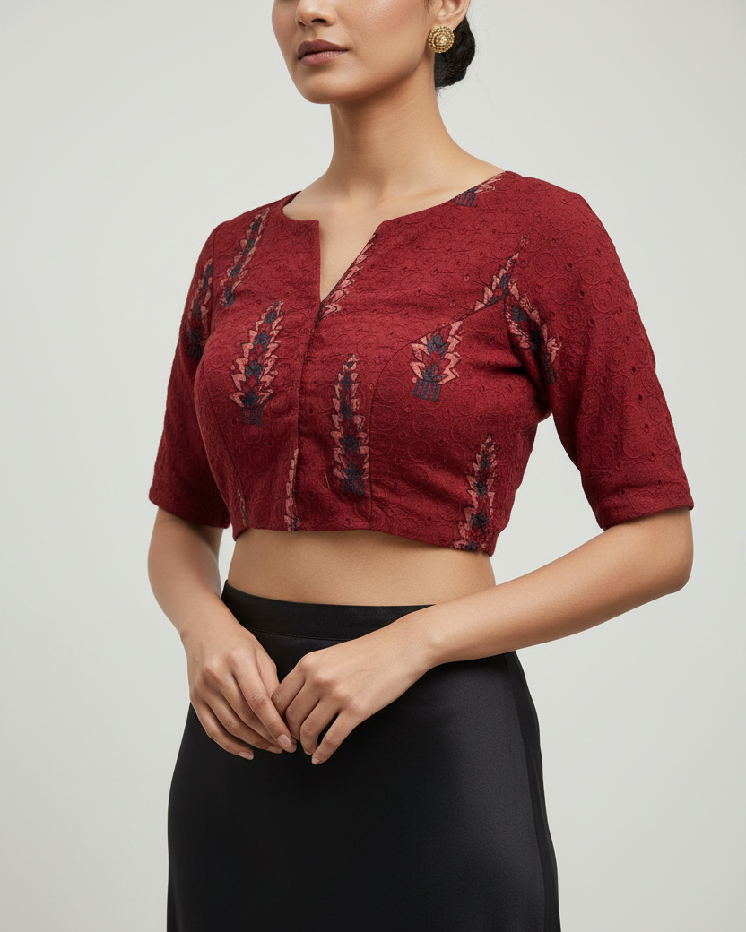 Red Cotton Smart Neck Office Blouse