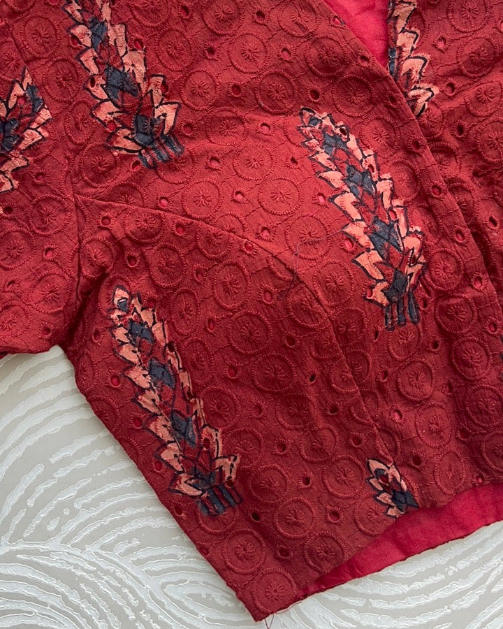 Red Cotton Smart Neck Office Blouse