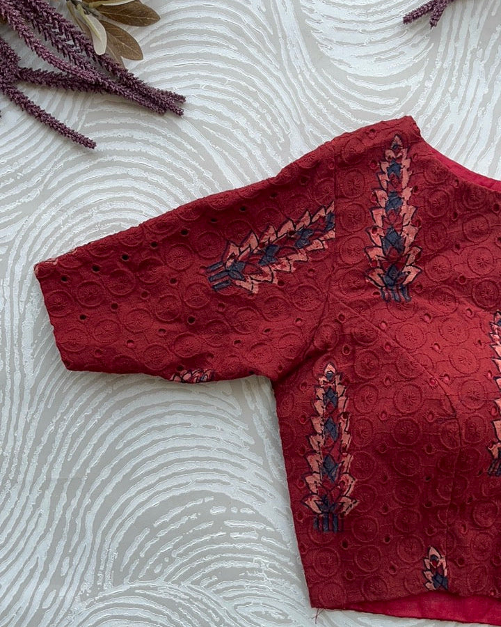 Red Cotton Smart Neck Office Blouse