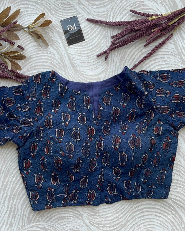 Indigo Cotton Smart Neck Office Blouse