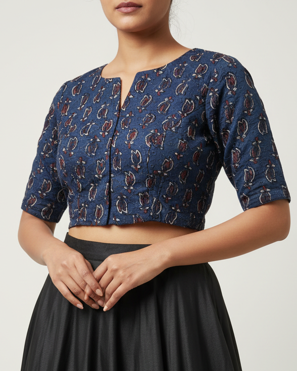Indigo Cotton Smart Neck Office Blouse