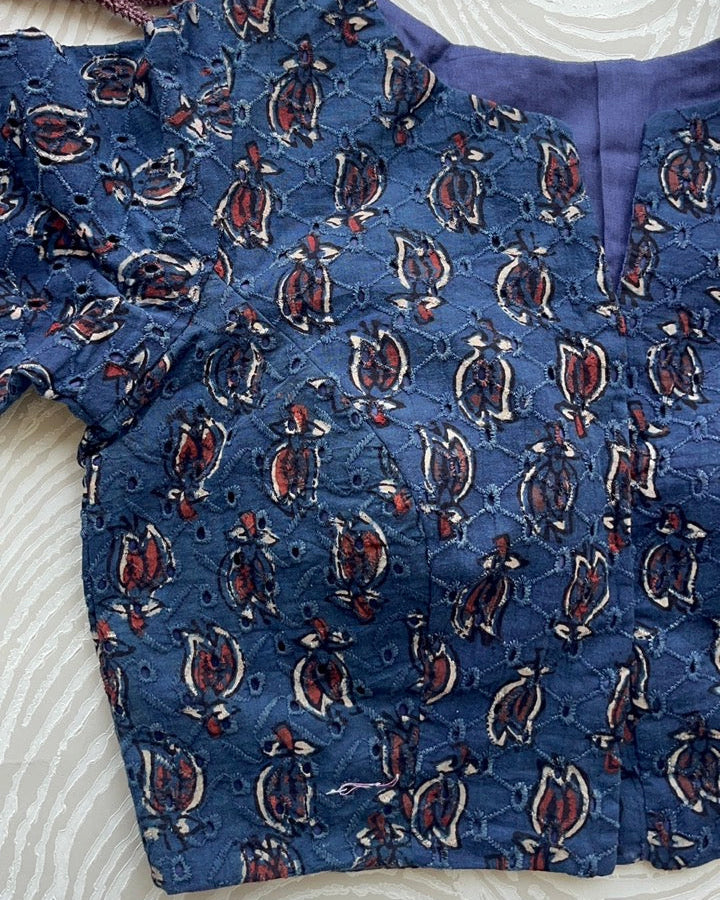 Indigo Cotton Smart Neck Office Blouse