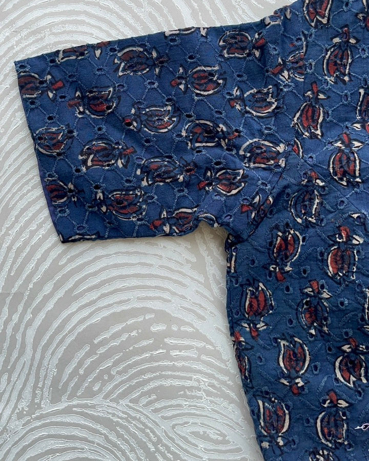 Indigo Cotton Smart Neck Office Blouse