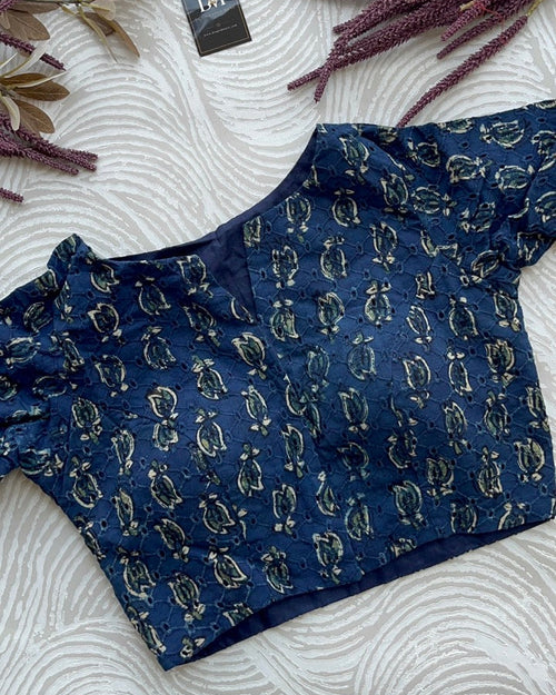 Indigo Cotton Smart Neck Office Blouse