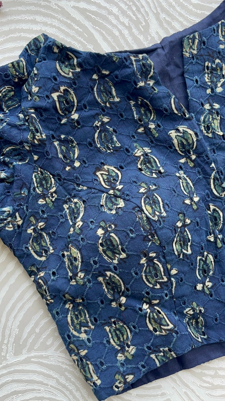 Indigo Cotton Smart Neck Office Blouse
