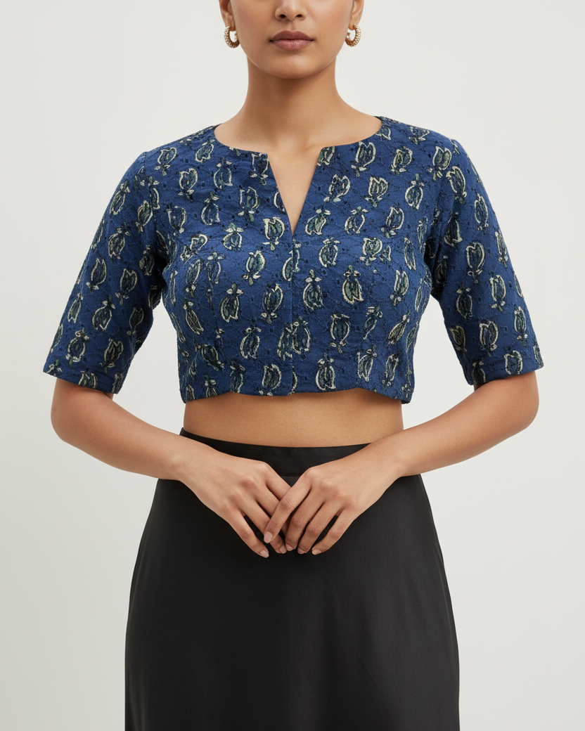 Indigo Cotton Smart Neck Office Blouse