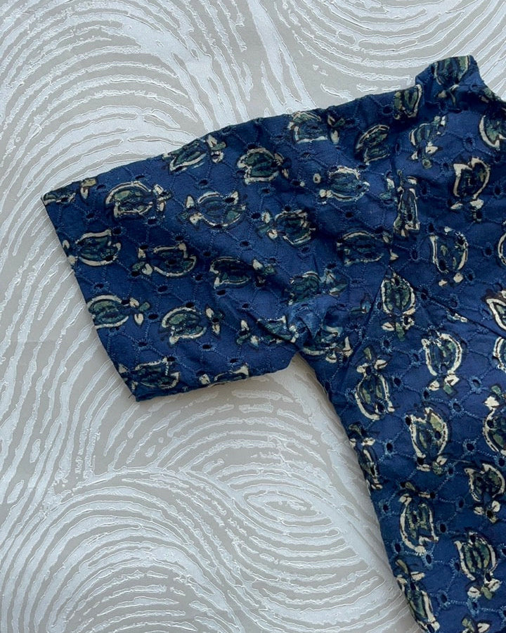 Indigo Cotton Smart Neck Office Blouse