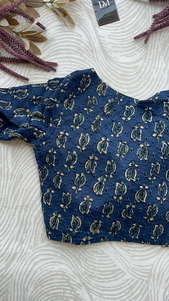 Indigo Cotton Smart Neck Office Blouse