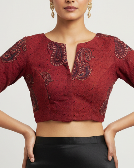 Red Cotton Smart Neck Office Blouse