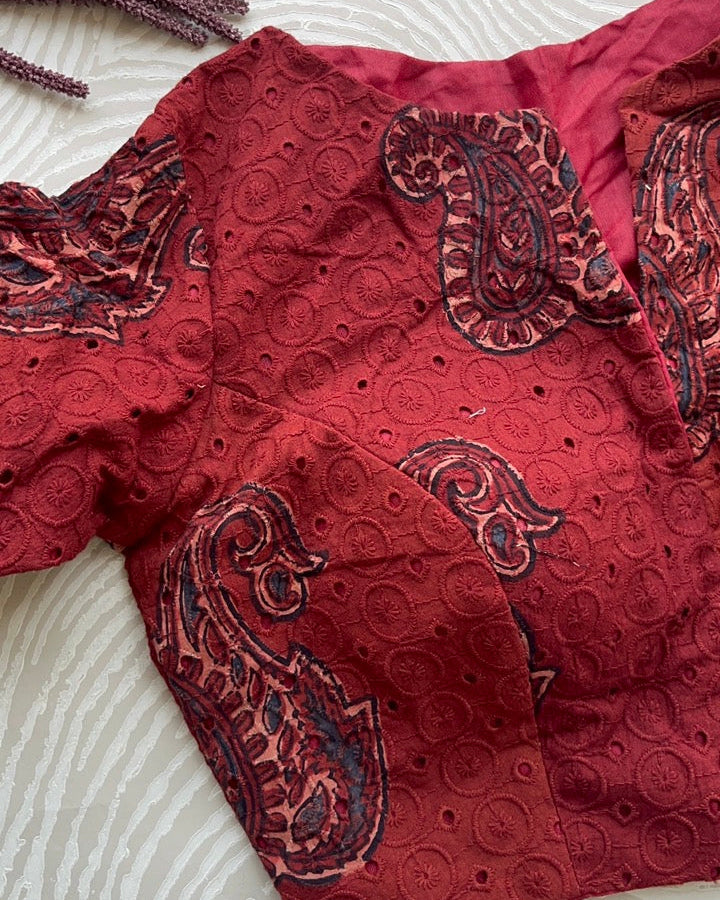Red Cotton Smart Neck Office Blouse
