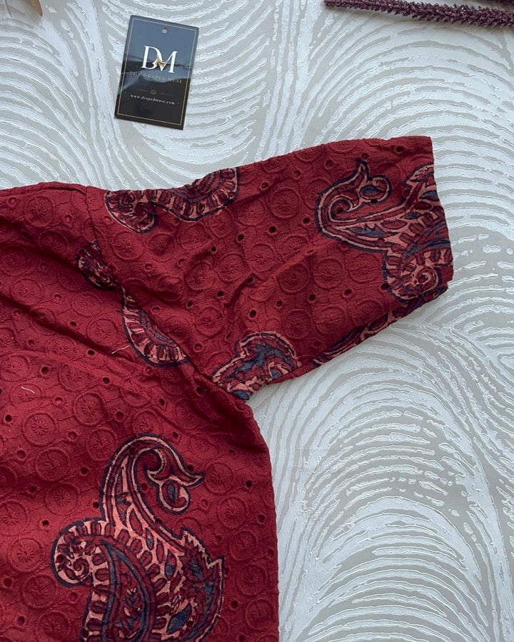 Red Cotton Smart Neck Office Blouse