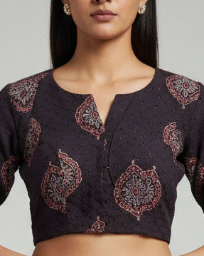Black Cotton Smart Neck Office Blouse