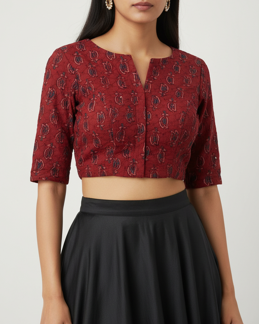 Red Cotton Smart Neck Office Blouse