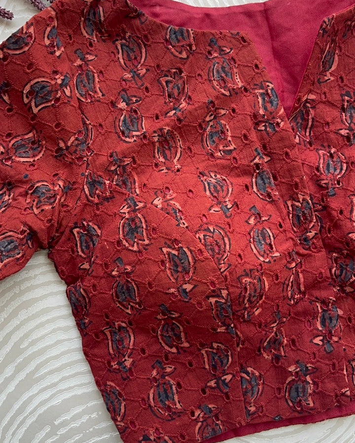 Red Cotton Smart Neck Office Blouse