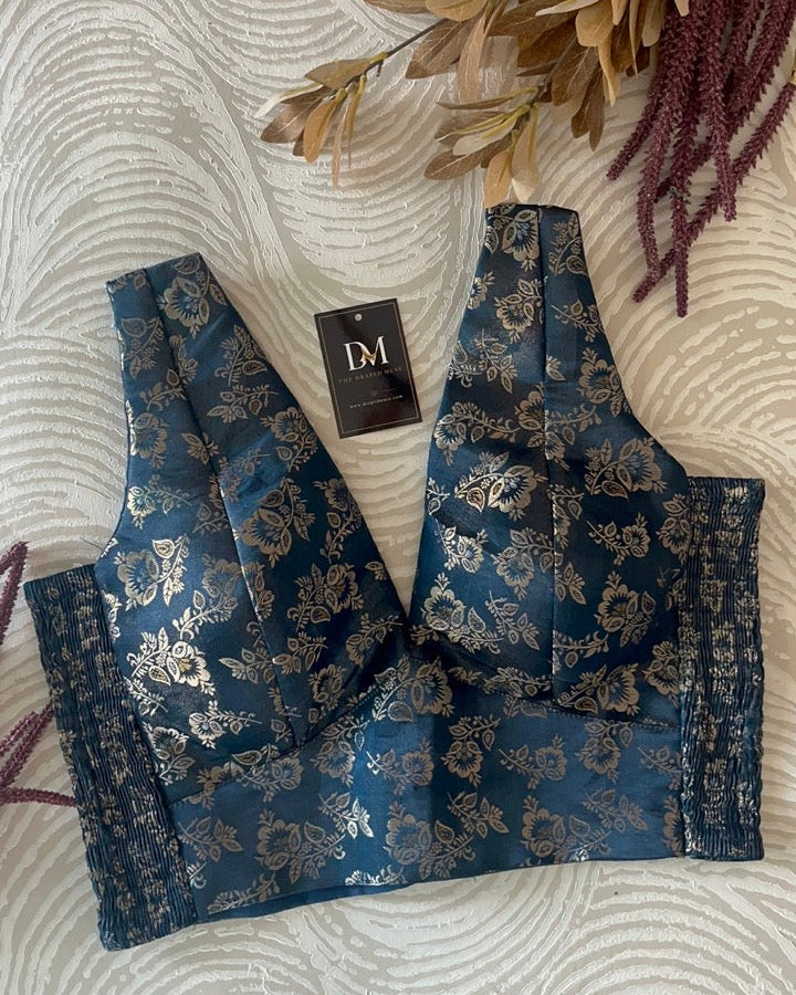 Peacock Blue Banarasi Stretchable Blouse Sleeveless