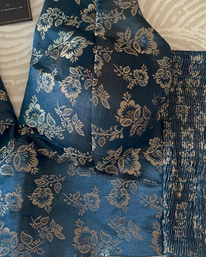 Peacock Blue Banarasi Stretchable Blouse Sleeveless