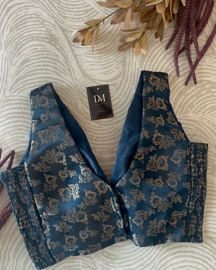 Peacock Blue Banarasi Stretchable Blouse Sleeveless