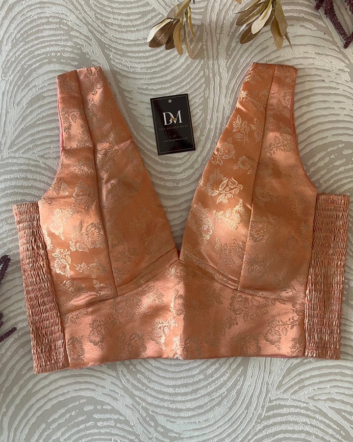 Peach Banarasi Stretchable Blouse Sleeveless