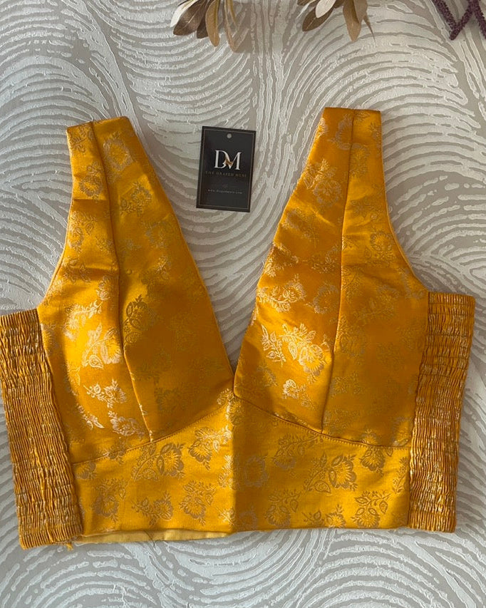 Yellow Banarasi Stretchable Blouse Sleeveless