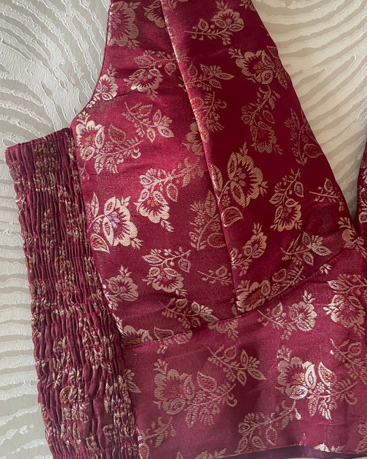 Maroon Banarasi Stretchable Blouse Sleeveless