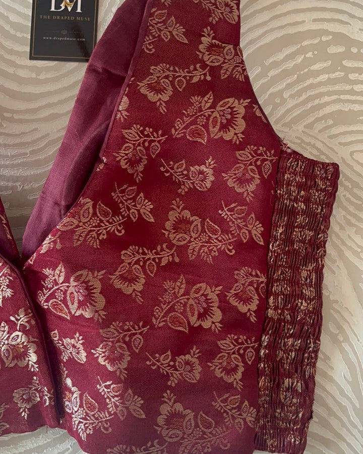 Maroon Banarasi Stretchable Blouse Sleeveless