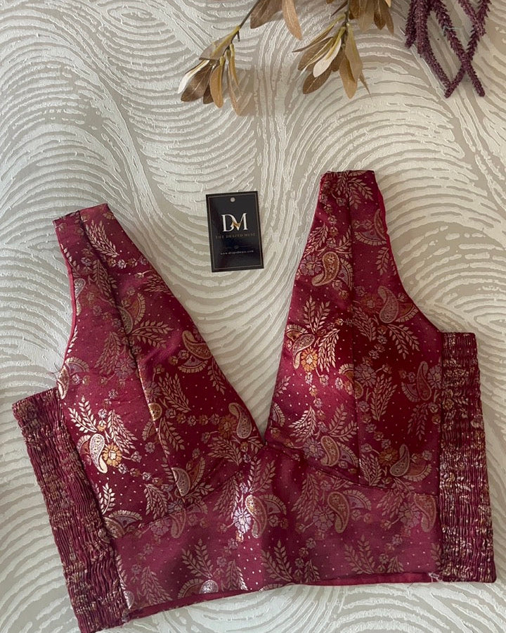 Maroon Banarasi Stretchable Blouse Sleeveless