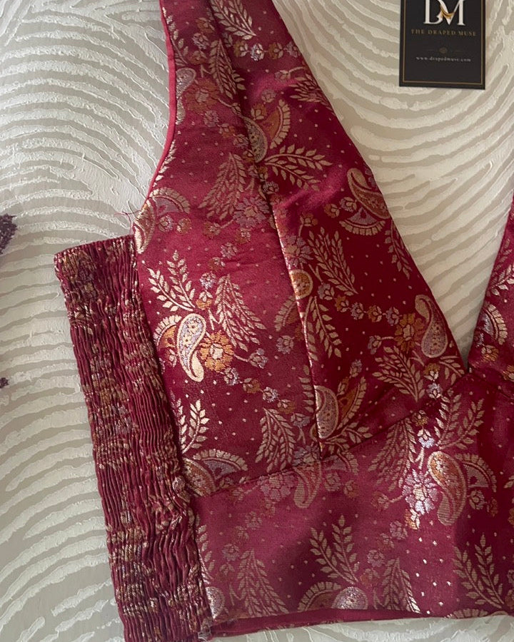 Maroon Banarasi Stretchable Blouse Sleeveless