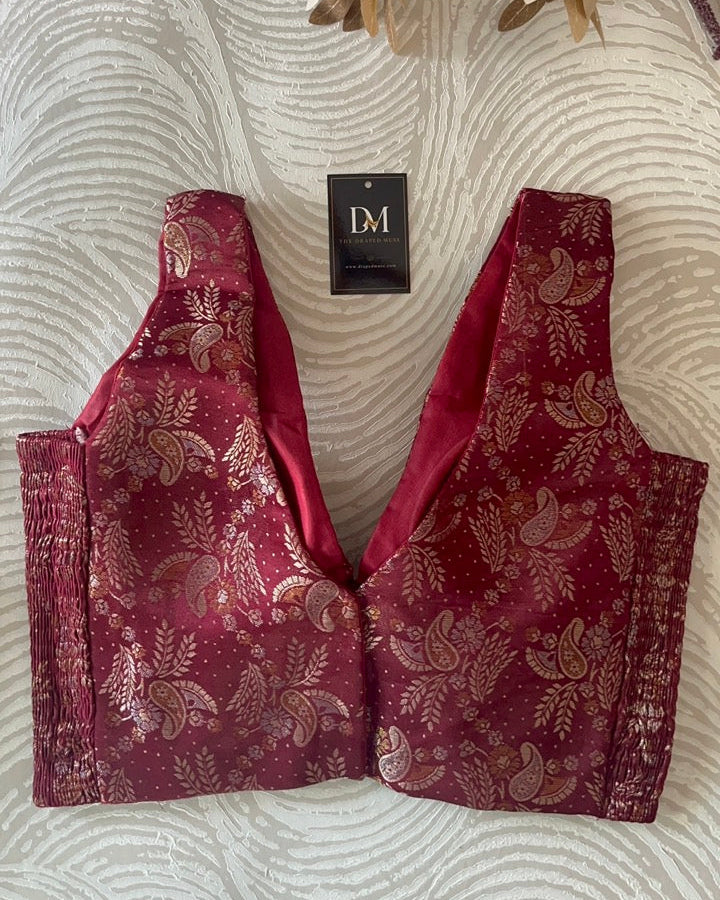 Maroon Banarasi Stretchable Blouse Sleeveless