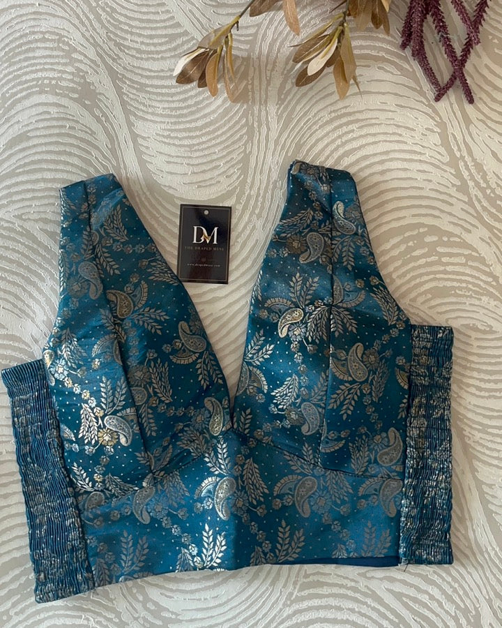 Peacock Blue Banarasi Stretchable Blouse Sleeveless