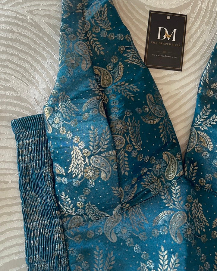 Peacock Blue Banarasi Stretchable Blouse Sleeveless