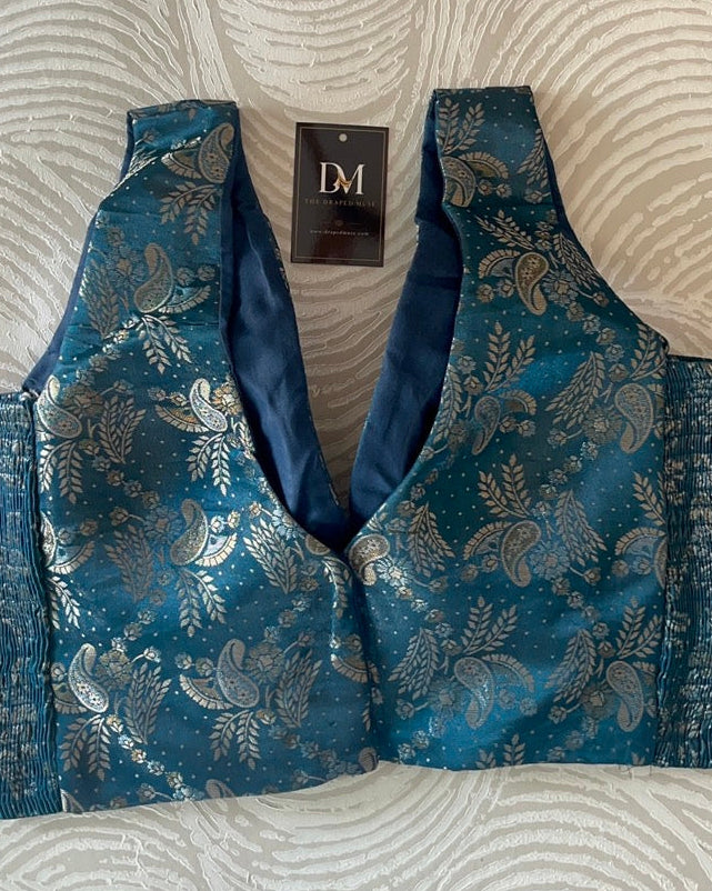 Peacock Blue Banarasi Stretchable Blouse Sleeveless