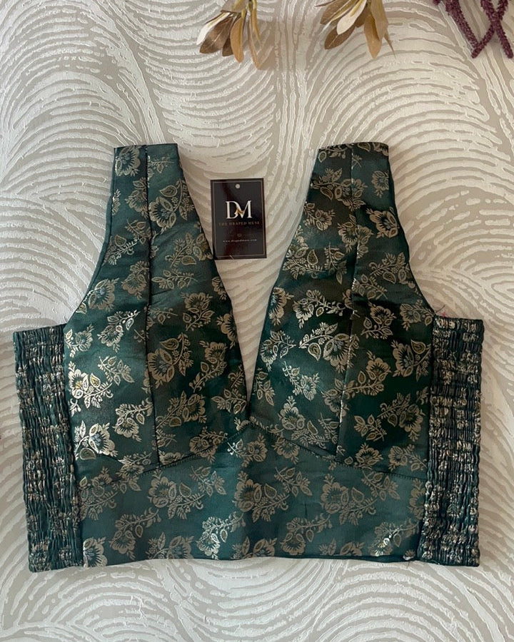 Bottle Green Banarasi Stretchable Blouse Sleeveless