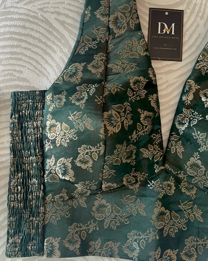 Bottle Green Banarasi Stretchable Blouse Sleeveless